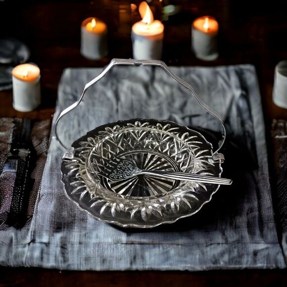 Sheffield Glass Server Plate Set Chrome Fork Holder Vintage Seafood Appetizers. - Picture 10 of 16